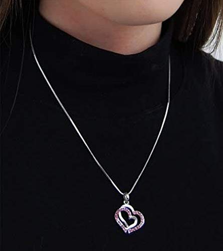 Pink Crystal Double Heart Charm Pendant Necklace - 17