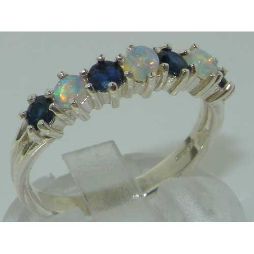 Elegant Opal & Sapphire Silver Eternity Ring - Size 6
