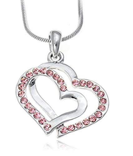 Pink Crystal Double Heart Charm Pendant Necklace - 17