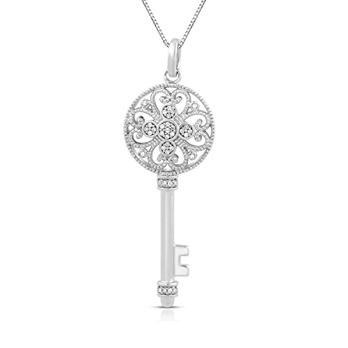 White Diamond Key Pendant Necklace, Sterling Silver, 18