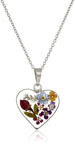 Silver Multi-Colored Pressed Flower Heart Pendant Necklace, 16