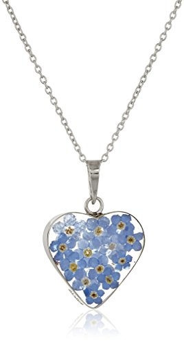 Blue Pressed Flower Heart Pendant Necklace in Sterling Silver