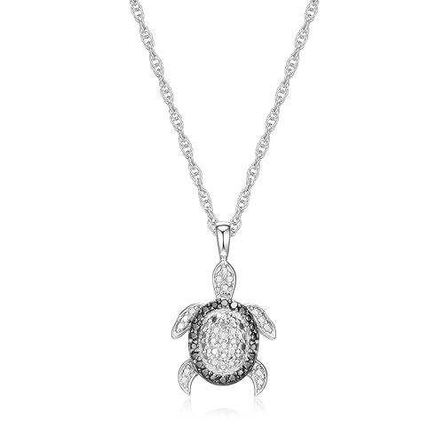 Sterling Silver Black/White Diamond Turtle Pendant Necklace 18
