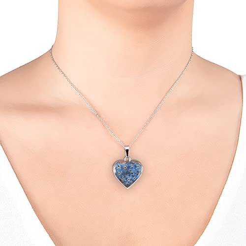 Blue Pressed Flower Heart Pendant Necklace in Sterling Silver