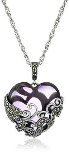 Filigree Heart Pendant Necklace with Marcasite and Amethyst