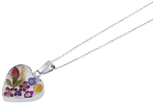 Silver Multi-Colored Pressed Flower Heart Pendant Necklace, 16
