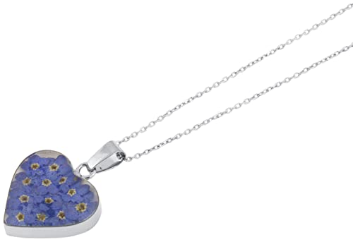 Blue Pressed Flower Heart Pendant Necklace in Sterling Silver