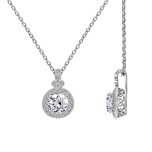 Antique Platinum Plated Sterling Silver Pendant Necklace - Cubic Zirconia