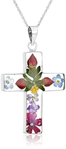 Sterling Silver Pressed Flower Cross Pendant Necklace, 18