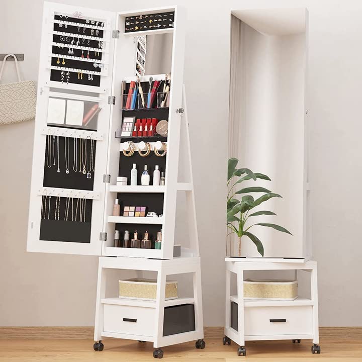 White Swivel Jewelry Armoire with Mirror, Drawer, Shelf