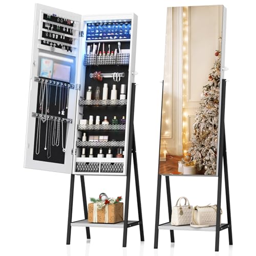 Standing LED Mirror Jewelry Cabinet with Lockable Storage
