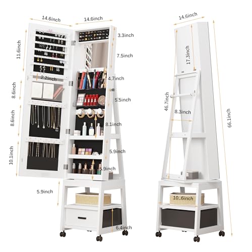 White Swivel Jewelry Armoire with Mirror, Drawer, Shelf