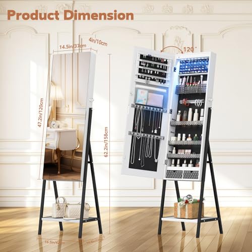 Standing LED Mirror Jewelry Cabinet with Lockable Storage