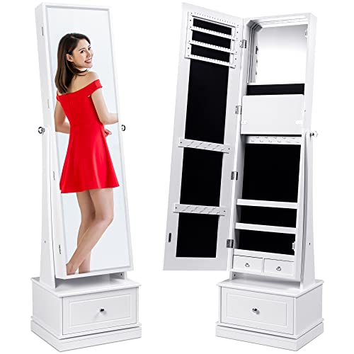 Full Length Swivel Mirrored Jewelry Armoire Organizer White