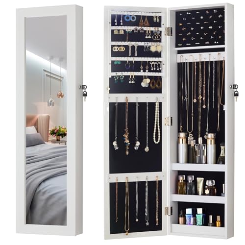 YOKUKINA Lockable Wall-Mounted Mirror Jewelry Armoire, White