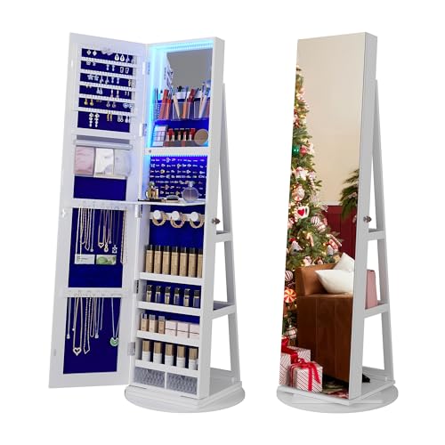 White Standing Jewelry Armoire with Rotating Mirror & Lights