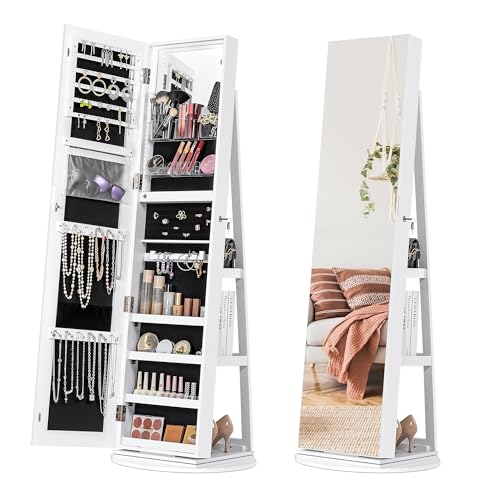 360° Swivel Mirror Jewelry Cabinet with Lights, White