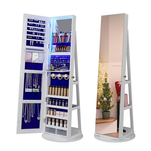 Rotating Jewelry Armoire with Lighted Mirror and Storage