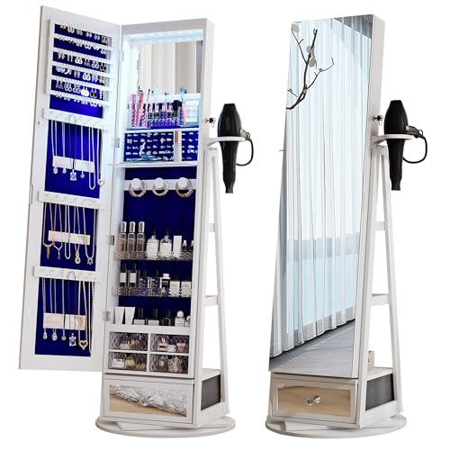 360° Swivel Standing Jewelry Cabinet with Lights - White