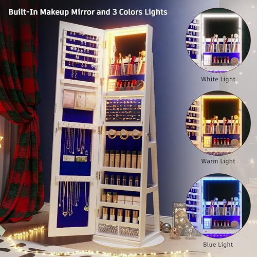 White Standing Jewelry Armoire with Rotating Mirror & Lights