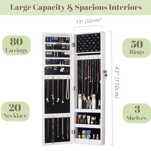 YOKUKINA Lockable Wall-Mounted Mirror Jewelry Armoire, White