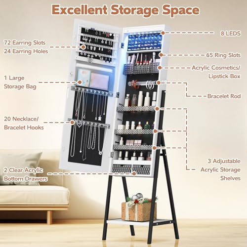 Standing LED Mirror Jewelry Cabinet with Lockable Storage