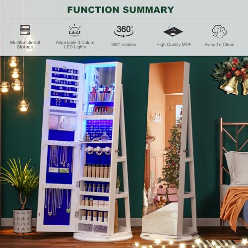 Rotating Jewelry Armoire with Lighted Mirror and Storage