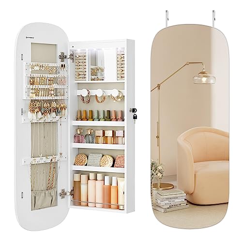 LED Jewelry Cabinet Wall/Door Mounted Organizer, Lockable Mirror