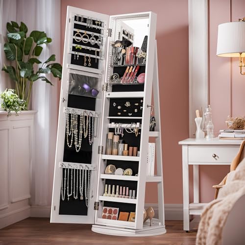 360° Swivel Mirror Jewelry Cabinet with Lights, White