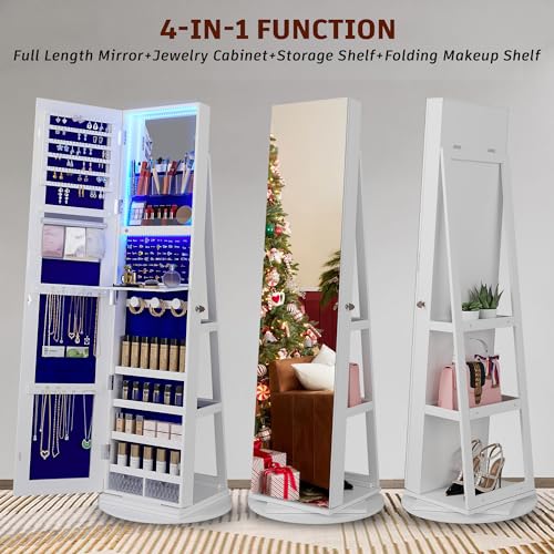 White Standing Jewelry Armoire with Rotating Mirror & Lights