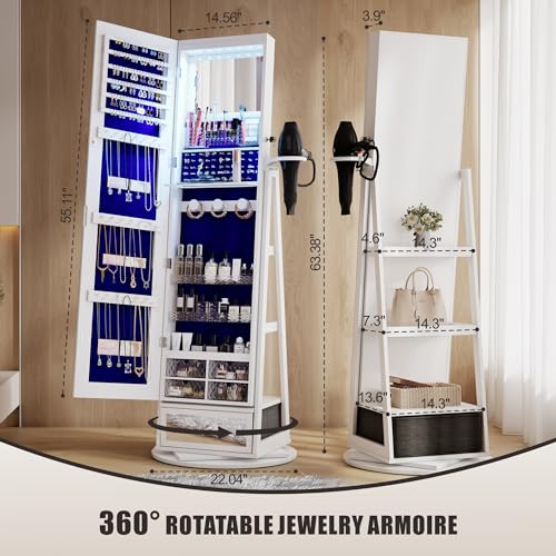 360° Swivel Standing Jewelry Cabinet with Lights - White