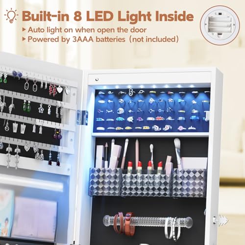 Standing LED Mirror Jewelry Cabinet with Lockable Storage