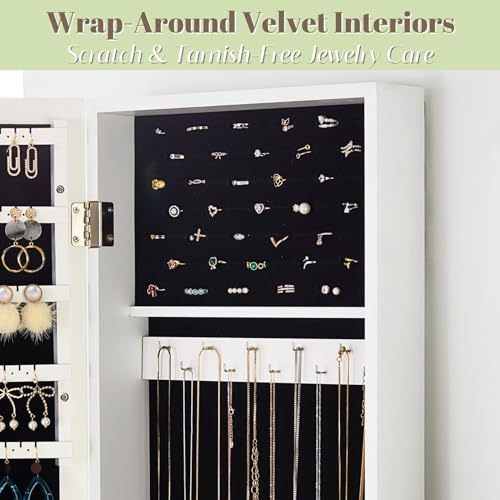 YOKUKINA Lockable Wall-Mounted Mirror Jewelry Armoire, White