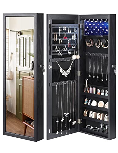 LED Mirror Jewelry Armoire, Wall Mounted Organizer, Black