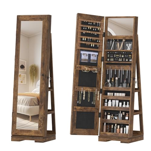 Soges Rustic Brown Rotating Jewelry Mirror Cabinet Organizer
