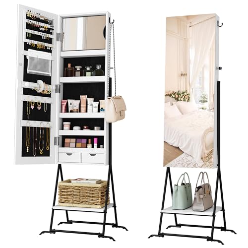 AZODY White Standing Mirror Jewelry Cabinet Organizer