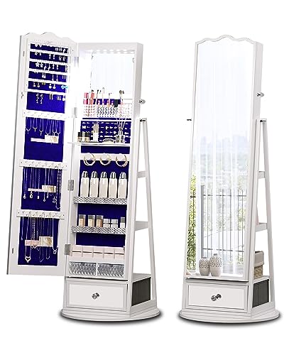 White Standing Mirror Jewelry Cabinet with Lights and Storage
