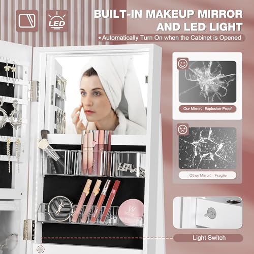 360° Swivel Mirror Jewelry Cabinet with Lights, White