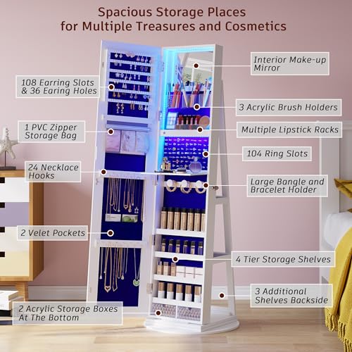 White Standing Jewelry Armoire with Rotating Mirror & Lights