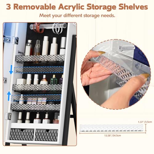 Standing LED Mirror Jewelry Cabinet with Lockable Storage