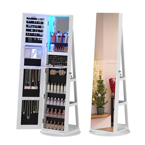 360° Rotating Jewelry Cabinet with Lights and Mirror