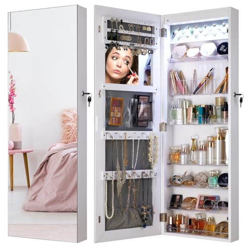 YOKUKINA LED Mirror Jewelry Armoire with Lockable Storage