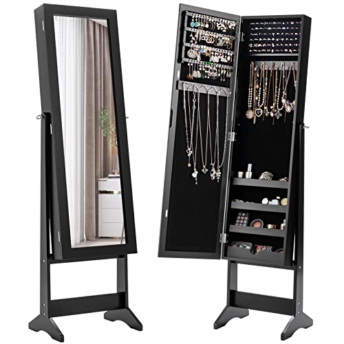 COSTWAY Standing Jewelry Armoire Cabinet with Mirror, Black