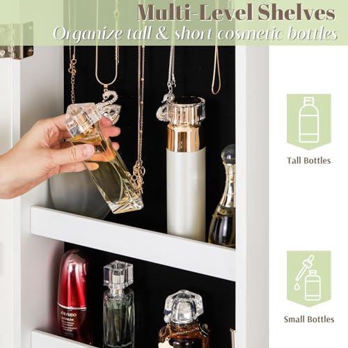 YOKUKINA Lockable Wall-Mounted Mirror Jewelry Armoire, White