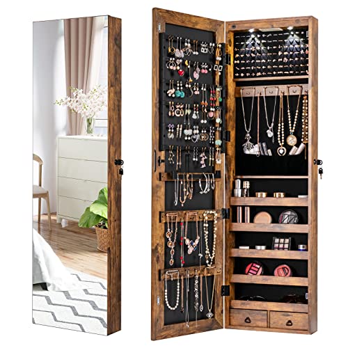 Rustic Brown Jewelry Armoire with Mirror & LED Lights