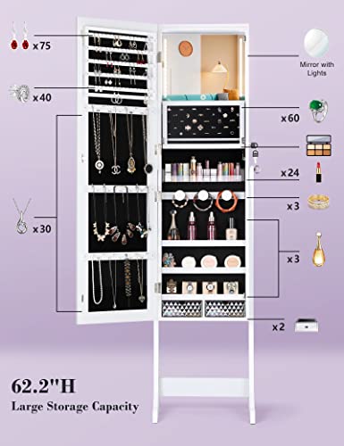 Touch Screen LED Jewelry Organizer Mirror Cabinet, White