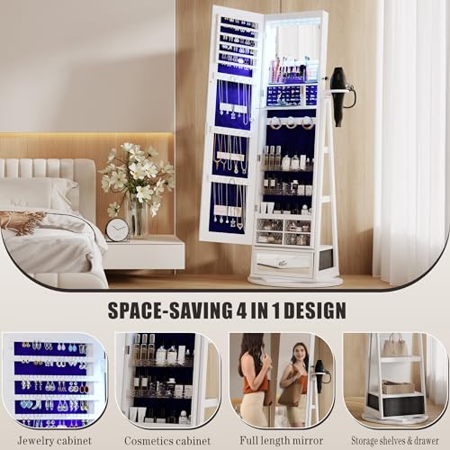 360° Swivel Standing Jewelry Cabinet with Lights - White