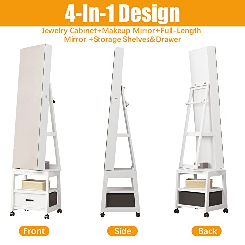 White Swivel Jewelry Armoire with Mirror, Drawer, Shelf