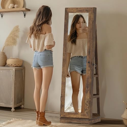 Soges Rustic Brown Rotating Jewelry Mirror Cabinet Organizer