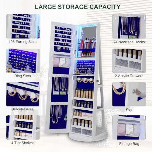 Rotating Jewelry Armoire with Lighted Mirror and Storage